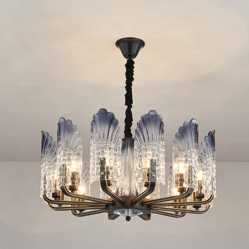 Scallop Chandelier Light Fixture Contemporary Textured Glass 8/10/12 Heads Black Hanging Ceiling Light Clearhalo 'Ceiling Lights' 'Chandeliers' 'Glass shade' 'Glass' 'Modern Chandeliers' 'Modern' Lighting' 288351