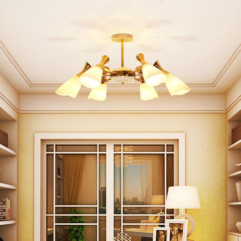 Cone Frosted Glass Hanging Lamp Modern 6/8 Lights Gold Chandelier Lighting Fixture in Warm/White Light Clearhalo 'Ceiling Lights' 'Chandeliers' 'Glass shade' 'Glass' 'Modern Chandeliers' 'Modern' Lighting' 288384