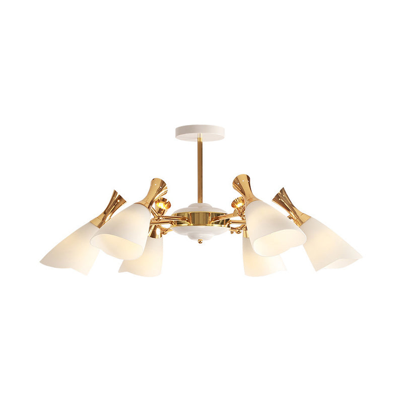 Cone Frosted Glass Hanging Lamp Modern 6/8 Lights Gold Chandelier Lighting Fixture in Warm/White Light Clearhalo 'Ceiling Lights' 'Chandeliers' 'Glass shade' 'Glass' 'Modern Chandeliers' 'Modern' Lighting' 288385