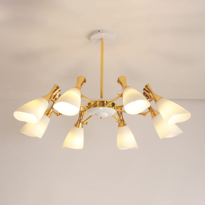 Cone Frosted Glass Hanging Lamp Modern 6/8 Lights Gold Chandelier Lighting Fixture in Warm/White Light Clearhalo 'Ceiling Lights' 'Chandeliers' 'Glass shade' 'Glass' 'Modern Chandeliers' 'Modern' Lighting' 288388