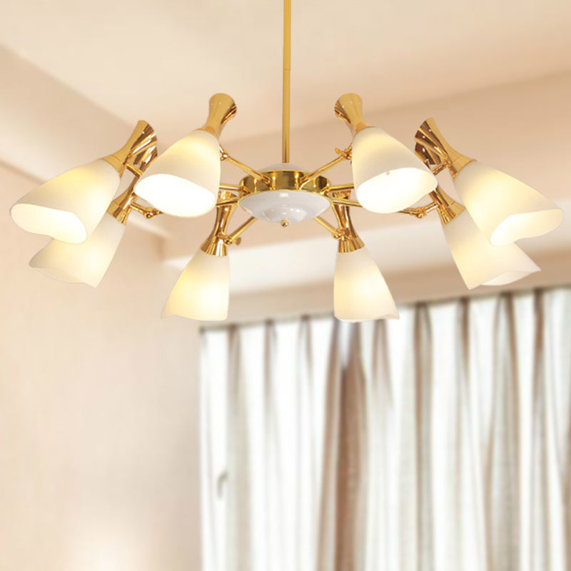 Cone Frosted Glass Hanging Lamp Modern 6/8 Lights Gold Chandelier Lighting Fixture in Warm/White Light Clearhalo 'Ceiling Lights' 'Chandeliers' 'Glass shade' 'Glass' 'Modern Chandeliers' 'Modern' Lighting' 288389