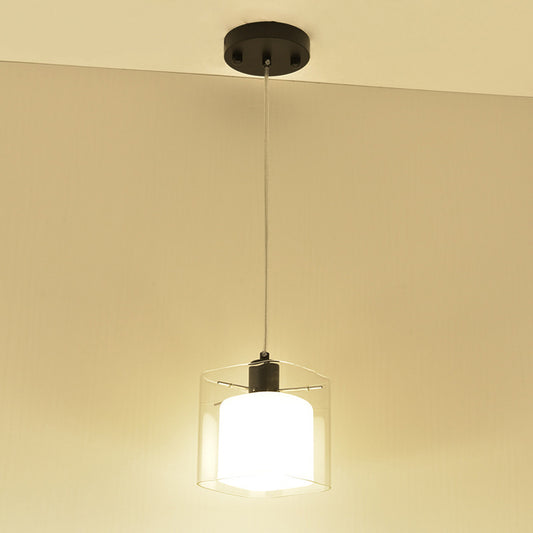 Square Hanging Light Fixture Modern Clear and White Glass 1 Head Black Pendant Ceiling Light Black Clearhalo 'Ceiling Lights' 'Modern Pendants' 'Modern' 'Pendant Lights' 'Pendants' Lighting' 288420