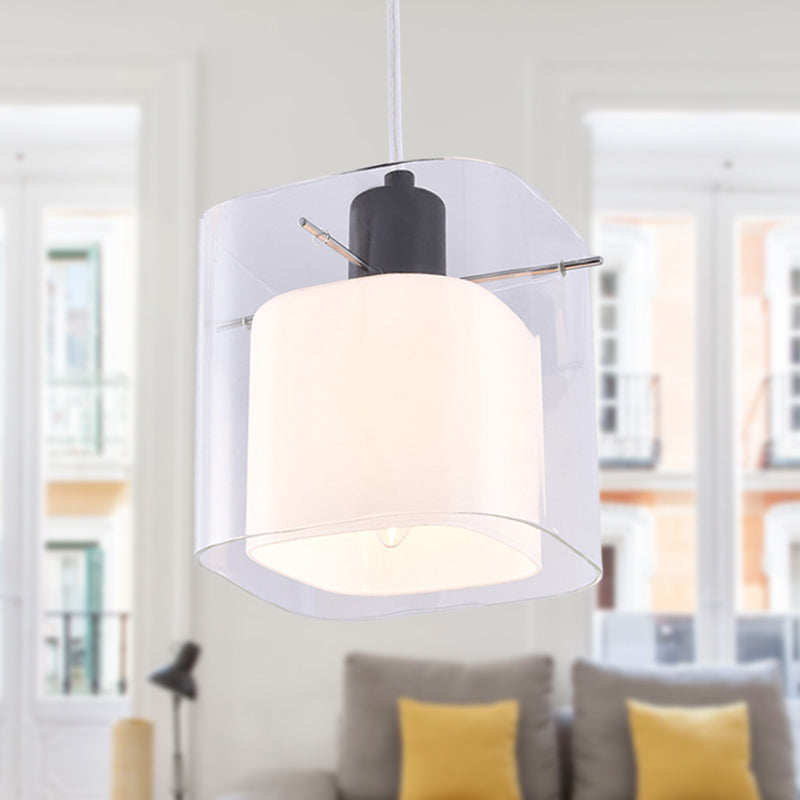 Square Hanging Light Fixture Modern Clear and White Glass 1 Head Black Pendant Ceiling Light Clearhalo 'Ceiling Lights' 'Modern Pendants' 'Modern' 'Pendant Lights' 'Pendants' Lighting' 288421