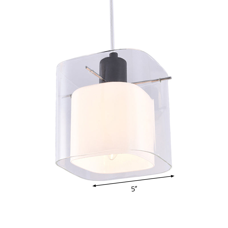 Square Hanging Light Fixture Modern Clear and White Glass 1 Head Black Pendant Ceiling Light Clearhalo 'Ceiling Lights' 'Modern Pendants' 'Modern' 'Pendant Lights' 'Pendants' Lighting' 288425