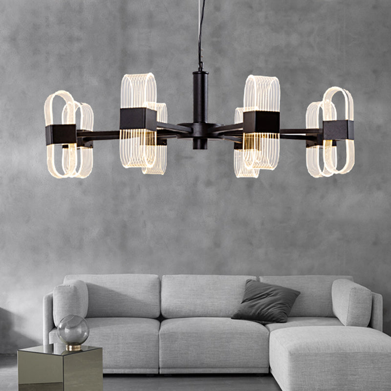 Modern Oval Chandelier Light Acrylic 6/8/12 Heads Living Room Hanging Lamp with Black Rod in Warm/White Light Clearhalo 'Ceiling Lights' 'Chandeliers' 'Glass shade' 'Glass' 'Modern Chandeliers' 'Modern' Lighting' 288443