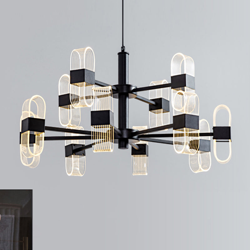 Modern Oval Chandelier Light Acrylic 6/8/12 Heads Living Room Hanging Lamp with Black Rod in Warm/White Light 12 Black Clearhalo 'Ceiling Lights' 'Chandeliers' 'Glass shade' 'Glass' 'Modern Chandeliers' 'Modern' Lighting' 288447