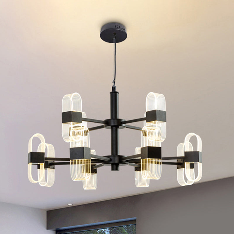 Modern Oval Chandelier Light Acrylic 6/8/12 Heads Living Room Hanging Lamp with Black Rod in Warm/White Light Clearhalo 'Ceiling Lights' 'Chandeliers' 'Glass shade' 'Glass' 'Modern Chandeliers' 'Modern' Lighting' 288449