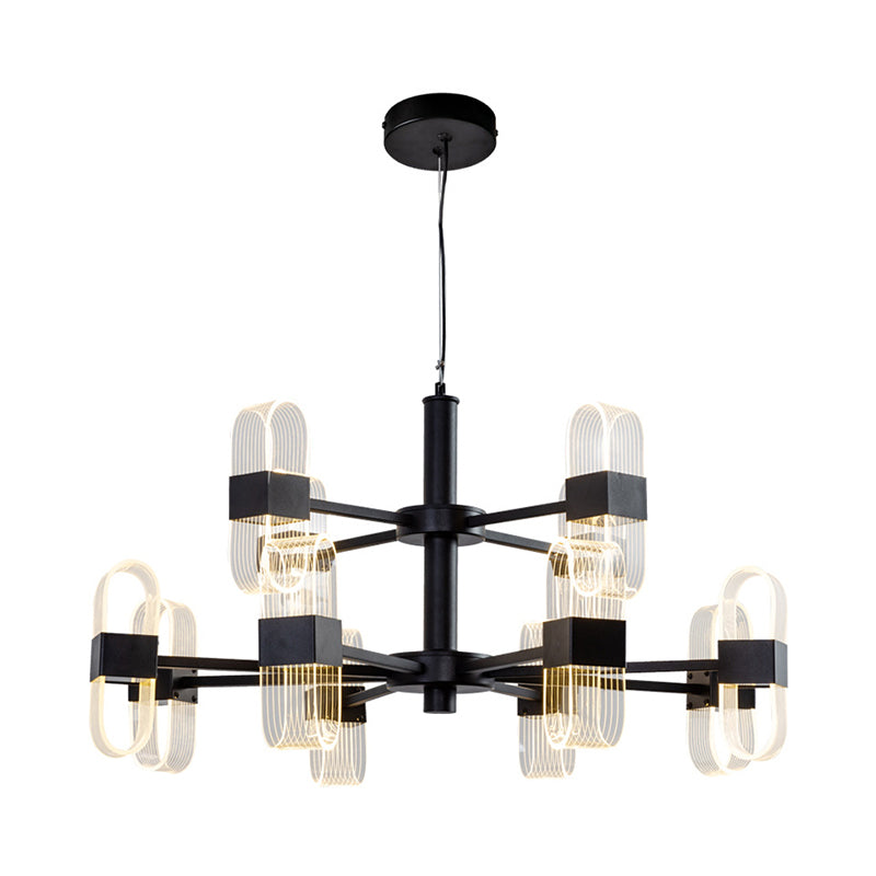 Modern Oval Chandelier Light Acrylic 6/8/12 Heads Living Room Hanging Lamp with Black Rod in Warm/White Light Clearhalo 'Ceiling Lights' 'Chandeliers' 'Glass shade' 'Glass' 'Modern Chandeliers' 'Modern' Lighting' 288453