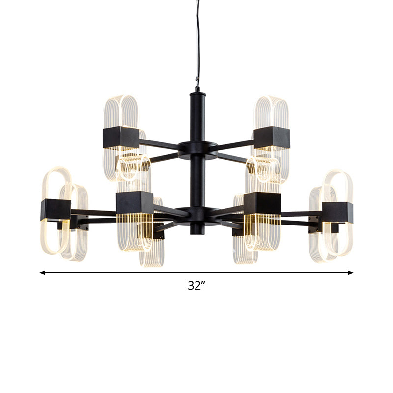 Modern Oval Chandelier Light Acrylic 6/8/12 Heads Living Room Hanging Lamp with Black Rod in Warm/White Light Clearhalo 'Ceiling Lights' 'Chandeliers' 'Glass shade' 'Glass' 'Modern Chandeliers' 'Modern' Lighting' 288454