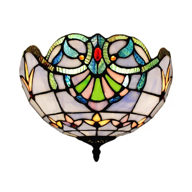 Stained Glass Ceiling Light, 2 Lights Baroque Flush Mount Lighting in Aged Brass with Jewel Decoration for Bedroom Clearhalo 'Ceiling Lights' 'Close To Ceiling Lights' 'Close to ceiling' 'Glass shade' 'Glass' 'Pendant Lights' 'Semi-flushmount' 'Tiffany close to ceiling' 'Tiffany' Lighting' 2885