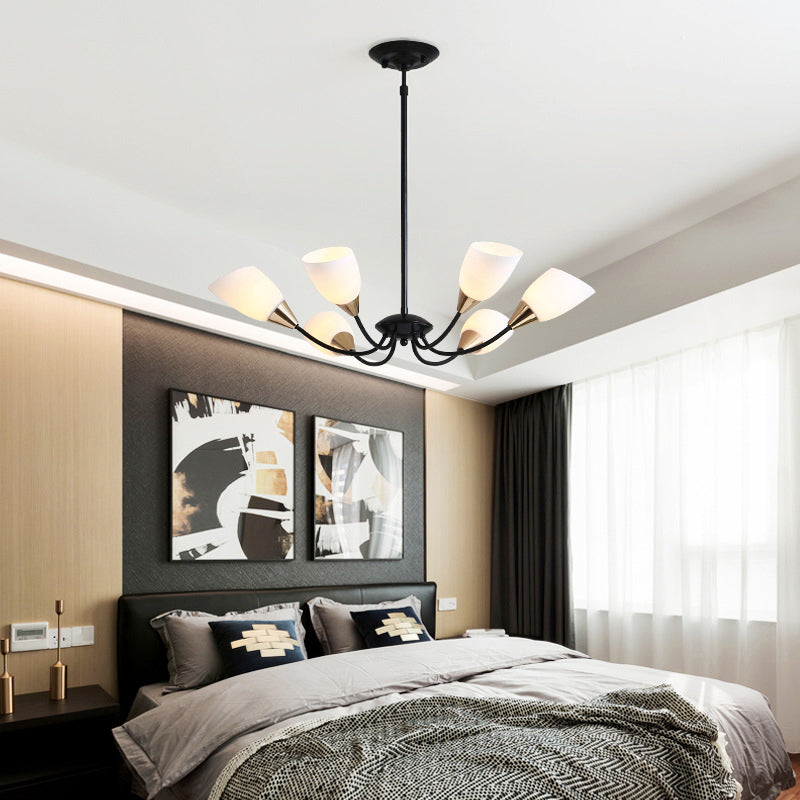 Beveled Chandelier Lighting Modern White Glass 3/6/8 Heads Black Hanging Ceiling Light with Starburst Design Clearhalo 'Ceiling Lights' 'Chandeliers' 'Glass shade' 'Glass' 'Modern Chandeliers' 'Modern' Lighting' 288509