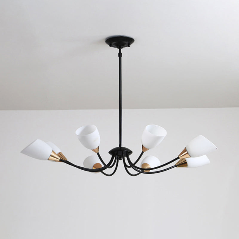 Beveled Chandelier Lighting Modern White Glass 3/6/8 Heads Black Hanging Ceiling Light with Starburst Design Clearhalo 'Ceiling Lights' 'Chandeliers' 'Glass shade' 'Glass' 'Modern Chandeliers' 'Modern' Lighting' 288513