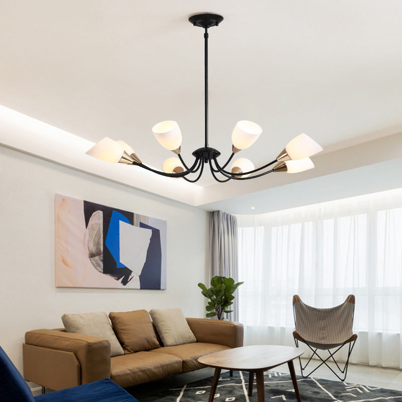 Beveled Chandelier Lighting Modern White Glass 3/6/8 Heads Black Hanging Ceiling Light with Starburst Design Clearhalo 'Ceiling Lights' 'Chandeliers' 'Glass shade' 'Glass' 'Modern Chandeliers' 'Modern' Lighting' 288515