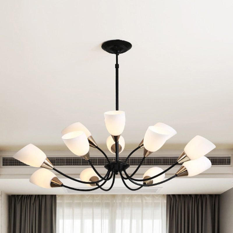 Beveled Chandelier Lighting Modern White Glass 3/6/8 Heads Black Hanging Ceiling Light with Starburst Design 12 Black Clearhalo 'Ceiling Lights' 'Chandeliers' 'Glass shade' 'Glass' 'Modern Chandeliers' 'Modern' Lighting' 288518