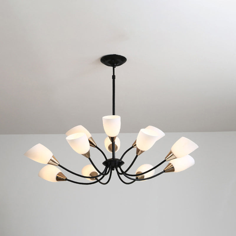 Beveled Chandelier Lighting Modern White Glass 3/6/8 Heads Black Hanging Ceiling Light with Starburst Design Clearhalo 'Ceiling Lights' 'Chandeliers' 'Glass shade' 'Glass' 'Modern Chandeliers' 'Modern' Lighting' 288519