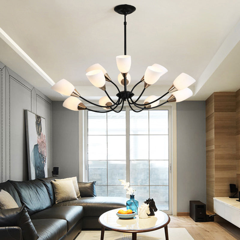 Beveled Chandelier Lighting Modern White Glass 3/6/8 Heads Black Hanging Ceiling Light with Starburst Design Clearhalo 'Ceiling Lights' 'Chandeliers' 'Glass shade' 'Glass' 'Modern Chandeliers' 'Modern' Lighting' 288521