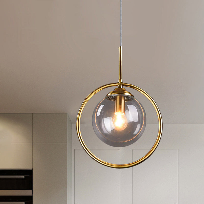 Gold Globe Pendant Lamp Postmodern 1 Head Smoke Gray/Clear Glass Hanging Light Kit for Bedroom Clearhalo 'Ceiling Lights' 'Modern Pendants' 'Modern' 'Pendant Lights' 'Pendants' Lighting' 288551