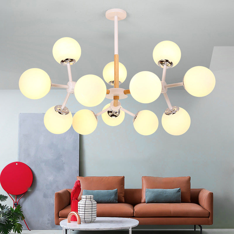 Modern Globe Chandelier Light Fixture White Glass 9/12/16 Heads Dining Room Hanging Light Kit 12 White Clearhalo 'Ceiling Lights' 'Chandeliers' 'Glass shade' 'Glass' 'Island Lights' 'Modern Chandeliers' 'Modern' Lighting' 288581