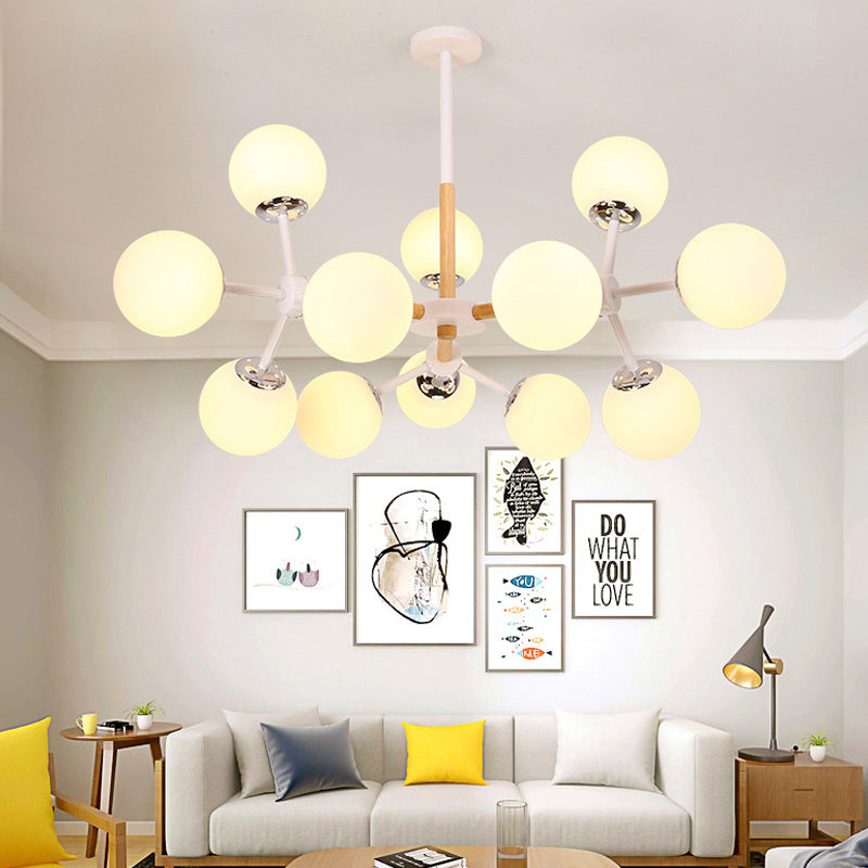 Modern Globe Chandelier Light Fixture White Glass 9/12/16 Heads Dining Room Hanging Light Kit Clearhalo 'Ceiling Lights' 'Chandeliers' 'Glass shade' 'Glass' 'Island Lights' 'Modern Chandeliers' 'Modern' Lighting' 288584