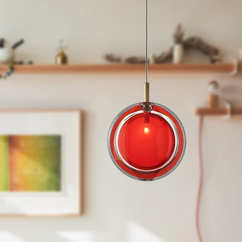 Round Hanging Lamp Kit Macaron Red Glass 1 Light Bedroom Pendant Lighting Fixture Clearhalo 'Ceiling Lights' 'Glass shade' 'Glass' 'Modern Pendants' 'Modern' 'Pendant Lights' 'Pendants' Lighting' 288609