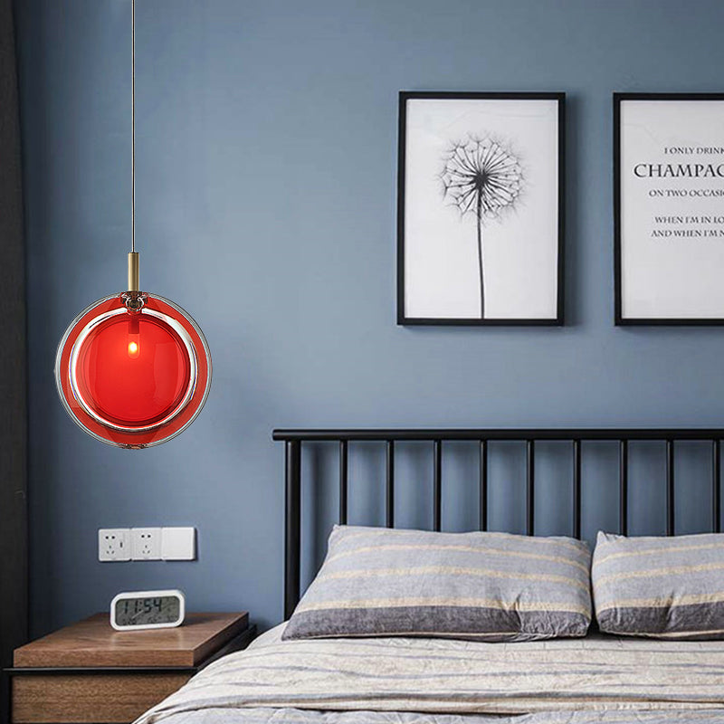 Round Hanging Lamp Kit Macaron Red Glass 1 Light Bedroom Pendant Lighting Fixture Clearhalo 'Ceiling Lights' 'Glass shade' 'Glass' 'Modern Pendants' 'Modern' 'Pendant Lights' 'Pendants' Lighting' 288610