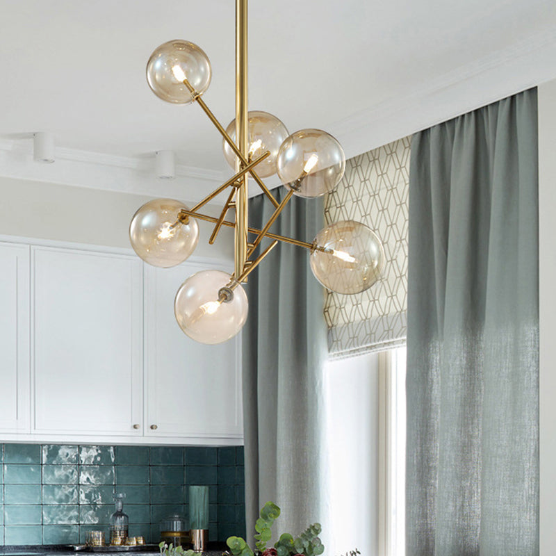 Modern Globe Hanging Ceiling Light Cognac Glass 6/8 Heads Bedroom Chandelier Lighting with Starburst Design 6 Cognac Clearhalo 'Ceiling Lights' 'Chandeliers' 'Glass shade' 'Glass' 'Modern Chandeliers' 'Modern' Lighting' 288624