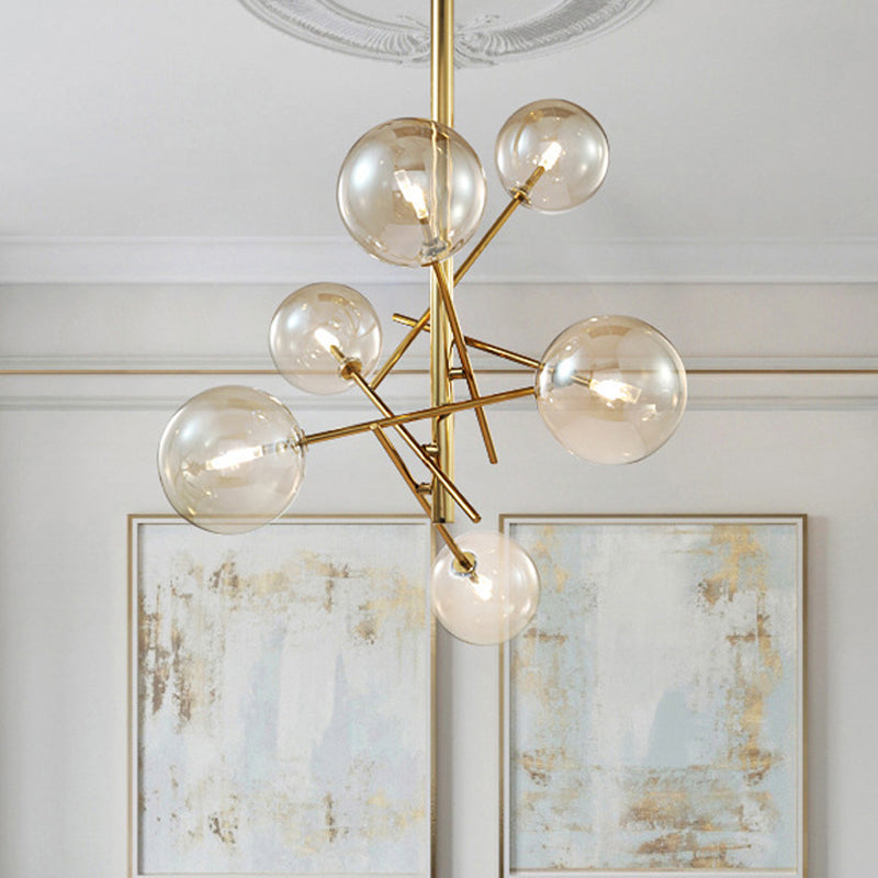 Modern Globe Hanging Ceiling Light Cognac Glass 6/8 Heads Bedroom Chandelier Lighting with Starburst Design Clearhalo 'Ceiling Lights' 'Chandeliers' 'Glass shade' 'Glass' 'Modern Chandeliers' 'Modern' Lighting' 288625