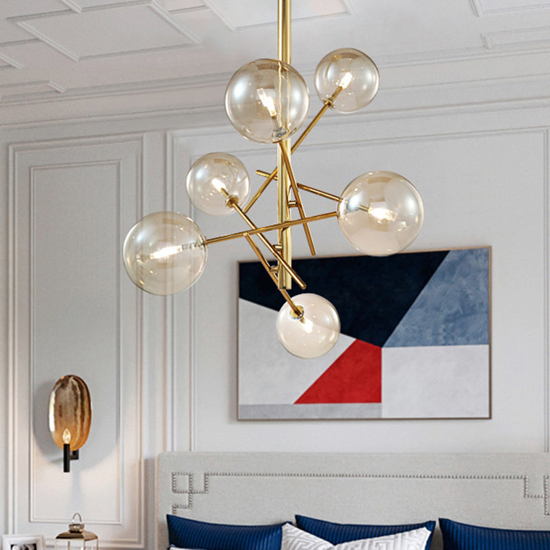 Modern Globe Hanging Ceiling Light Cognac Glass 6/8 Heads Bedroom Chandelier Lighting with Starburst Design Clearhalo 'Ceiling Lights' 'Chandeliers' 'Glass shade' 'Glass' 'Modern Chandeliers' 'Modern' Lighting' 288626