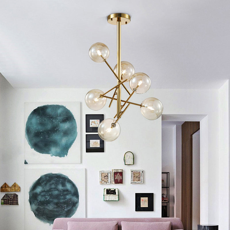 Modern Globe Hanging Ceiling Light Cognac Glass 6/8 Heads Bedroom Chandelier Lighting with Starburst Design Clearhalo 'Ceiling Lights' 'Chandeliers' 'Glass shade' 'Glass' 'Modern Chandeliers' 'Modern' Lighting' 288628