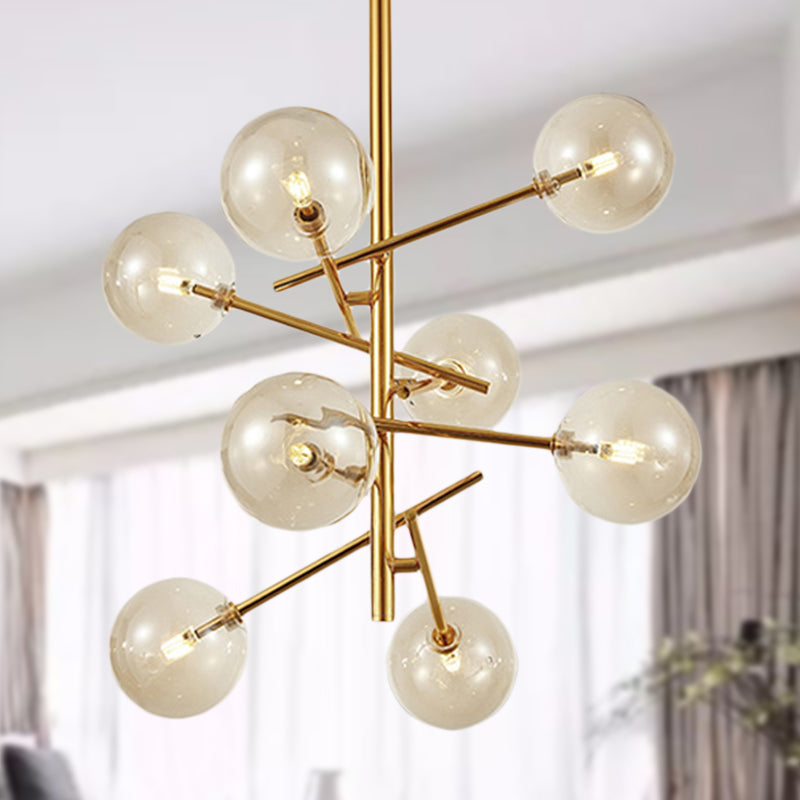 Modern Globe Hanging Ceiling Light Cognac Glass 6/8 Heads Bedroom Chandelier Lighting with Starburst Design 8 Cognac Clearhalo 'Ceiling Lights' 'Chandeliers' 'Glass shade' 'Glass' 'Modern Chandeliers' 'Modern' Lighting' 288631