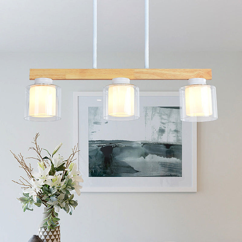 Nordic Linear Island Light Wood 3/4 Heads Dining Room Hanging Lamp with Cylinder White Glass Shade Inside 3 White Clearhalo 'Ceiling Lights' 'Chandeliers' 'Glass shade' 'Glass' 'Island Lights' Lighting' 288650