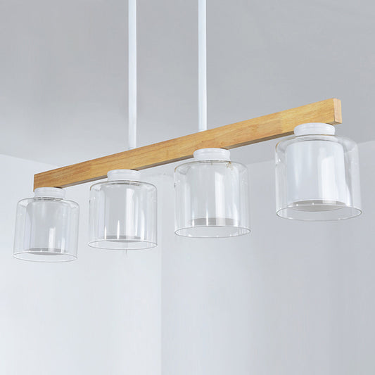 Nordic Linear Island Light Wood 3/4 Heads Dining Room Hanging Lamp with Cylinder White Glass Shade Inside 4 White Clearhalo 'Ceiling Lights' 'Chandeliers' 'Glass shade' 'Glass' 'Island Lights' Lighting' 288656