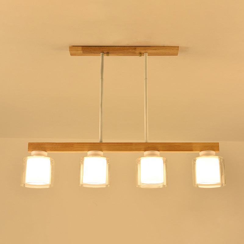Nordic Linear Island Light Wood 3/4 Heads Dining Room Hanging Lamp with Cylinder White Glass Shade Inside Clearhalo 'Ceiling Lights' 'Chandeliers' 'Glass shade' 'Glass' 'Island Lights' Lighting' 288658