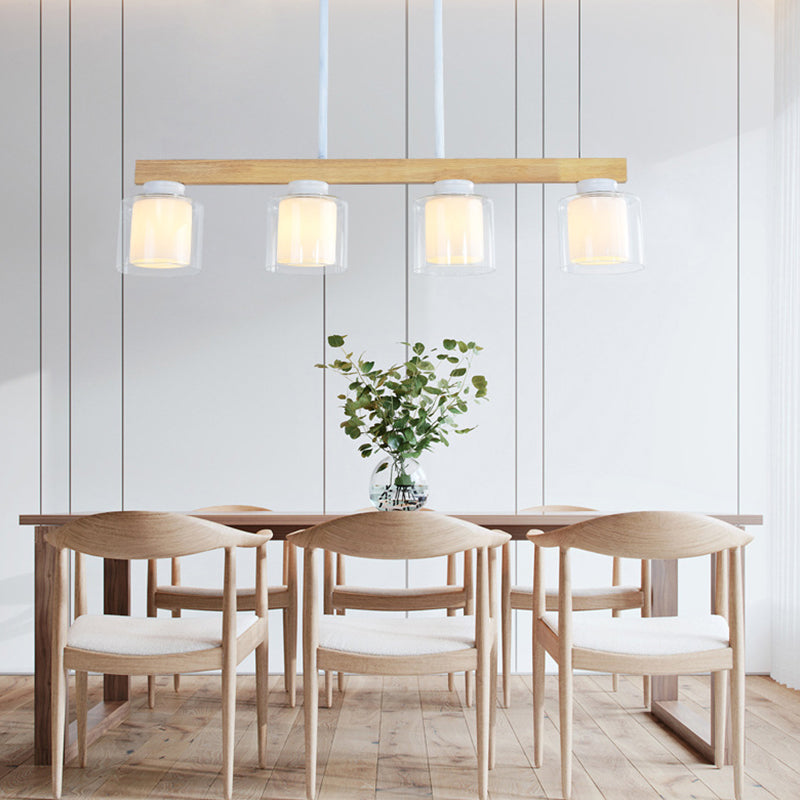 Nordic Linear Island Light Wood 3/4 Heads Dining Room Hanging Lamp with Cylinder White Glass Shade Inside Clearhalo 'Ceiling Lights' 'Chandeliers' 'Glass shade' 'Glass' 'Island Lights' Lighting' 288659
