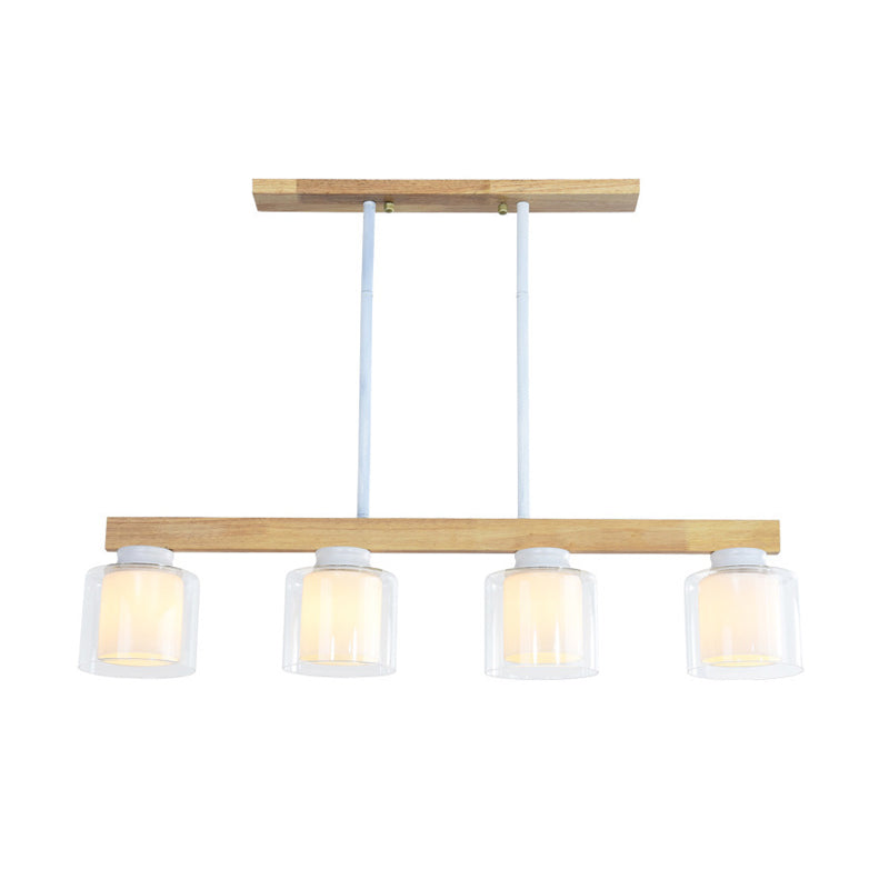 Nordic Linear Island Light Wood 3/4 Heads Dining Room Hanging Lamp with Cylinder White Glass Shade Inside Clearhalo 'Ceiling Lights' 'Chandeliers' 'Glass shade' 'Glass' 'Island Lights' Lighting' 288660