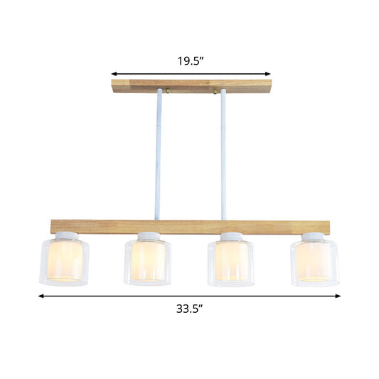 Nordic Linear Island Light Wood 3/4 Heads Dining Room Hanging Lamp with Cylinder White Glass Shade Inside Clearhalo 'Ceiling Lights' 'Chandeliers' 'Glass shade' 'Glass' 'Island Lights' Lighting' 288661