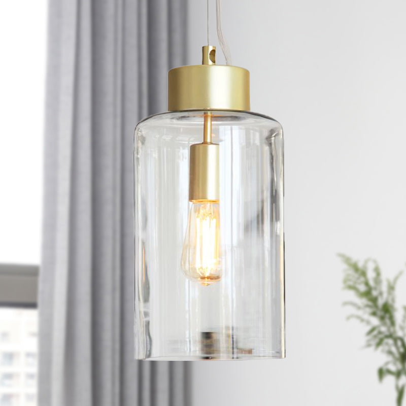 Brass Cylinder Hanging Light Fixture Modernism 1 Head Clear Glass Pendant Ceiling Light Brass Clearhalo 'Ceiling Lights' 'Glass shade' 'Glass' 'Modern Pendants' 'Modern' 'Pendant Lights' 'Pendants' Lighting' 288800