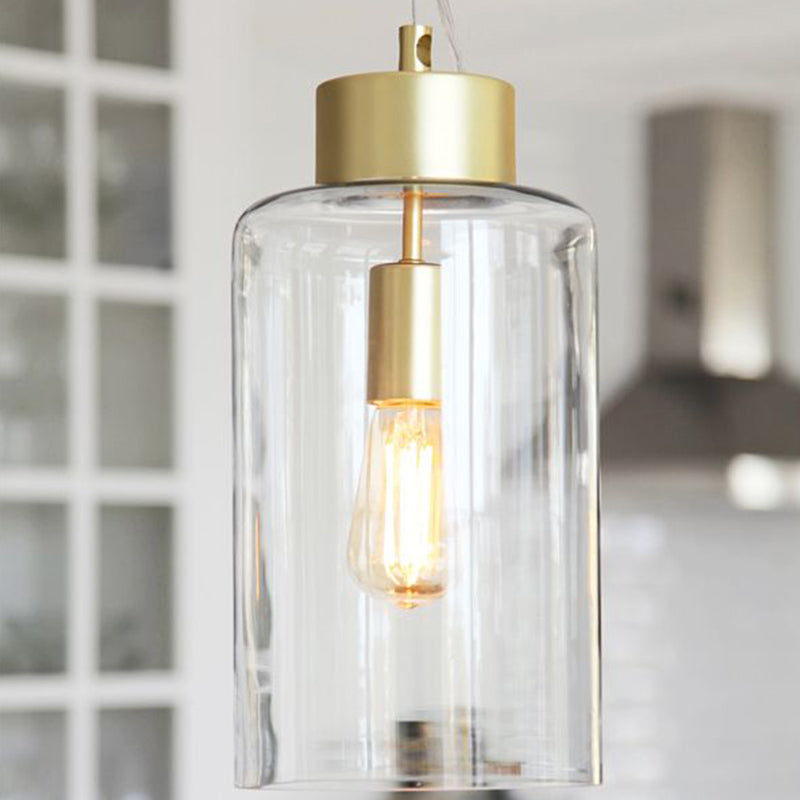 Brass Cylinder Hanging Light Fixture Modernism 1 Head Clear Glass Pendant Ceiling Light Clearhalo 'Ceiling Lights' 'Glass shade' 'Glass' 'Modern Pendants' 'Modern' 'Pendant Lights' 'Pendants' Lighting' 288801