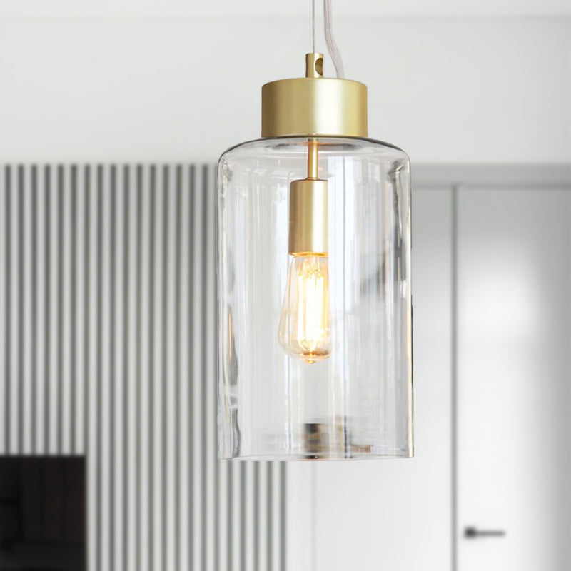 Brass Cylinder Hanging Light Fixture Modernism 1 Head Clear Glass Pendant Ceiling Light Clearhalo 'Ceiling Lights' 'Glass shade' 'Glass' 'Modern Pendants' 'Modern' 'Pendant Lights' 'Pendants' Lighting' 288802