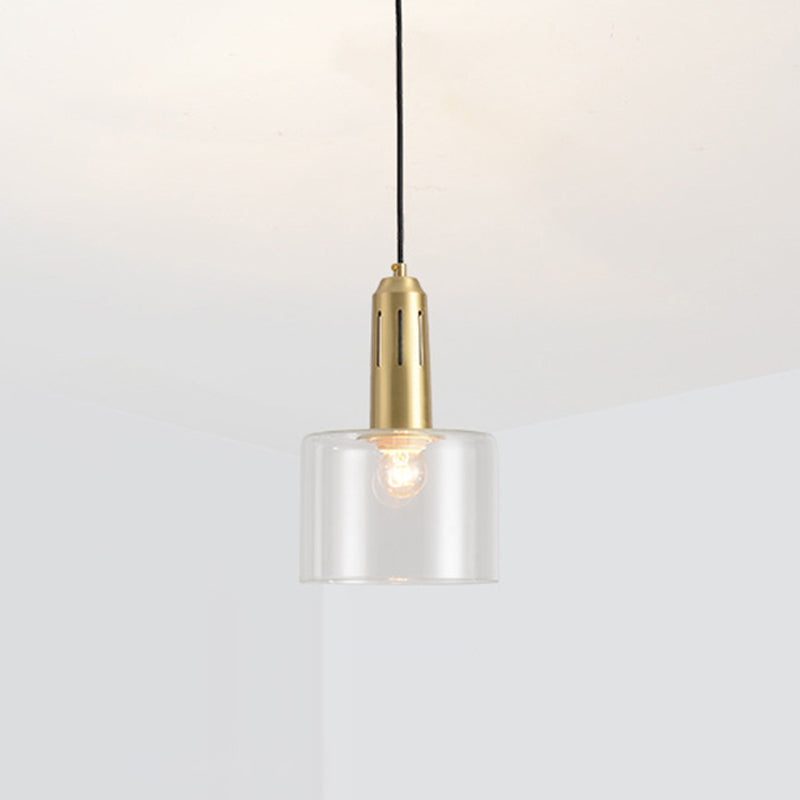 1 Light Dining Room Hanging Light Postmodern Brass Pendant Lamp with Cylinder Clear Glass Shade Brass Clearhalo 'Ceiling Lights' 'Modern Pendants' 'Modern' 'Pendant Lights' 'Pendants' Lighting' 288820