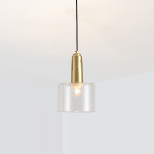 1 Light Dining Room Hanging Light Postmodern Brass Pendant Lamp with Cylinder Clear Glass Shade Brass Clearhalo 'Ceiling Lights' 'Modern Pendants' 'Modern' 'Pendant Lights' 'Pendants' Lighting' 288820