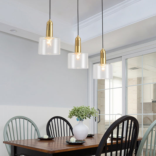 1 Light Dining Room Hanging Light Postmodern Brass Pendant Lamp with Cylinder Clear Glass Shade Clearhalo 'Ceiling Lights' 'Modern Pendants' 'Modern' 'Pendant Lights' 'Pendants' Lighting' 288823