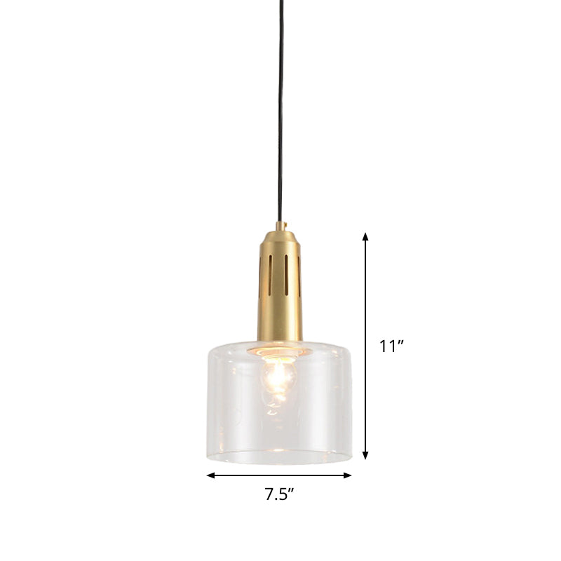 1 Light Dining Room Hanging Light Postmodern Brass Pendant Lamp with Cylinder Clear Glass Shade Clearhalo 'Ceiling Lights' 'Modern Pendants' 'Modern' 'Pendant Lights' 'Pendants' Lighting' 288825