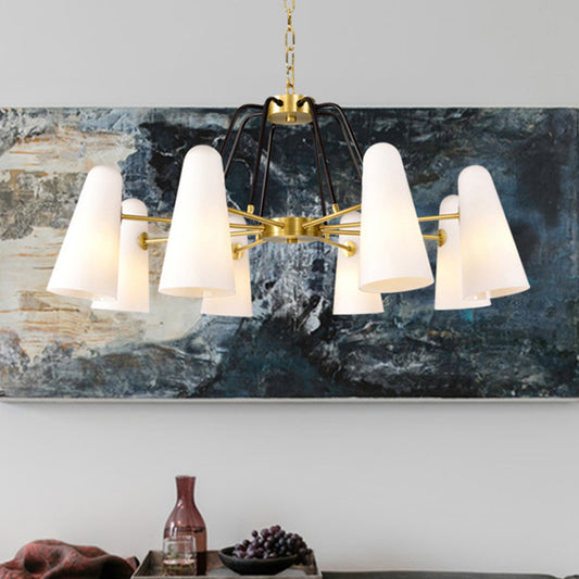 Postmodern Cone Opal Glass Hanging Lamp 6 Lights Ceiling Chandelier in Gold Gold Clearhalo 'Ceiling Lights' 'Chandeliers' 'Glass shade' 'Glass' 'Modern Chandeliers' 'Modern' 'Pendant Lights' Lighting' 288873