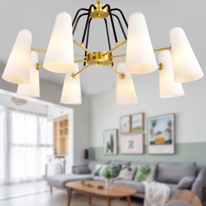 Postmodern Cone Opal Glass Hanging Lamp 6 Lights Ceiling Chandelier in Gold Clearhalo 'Ceiling Lights' 'Chandeliers' 'Glass shade' 'Glass' 'Modern Chandeliers' 'Modern' 'Pendant Lights' Lighting' 288874