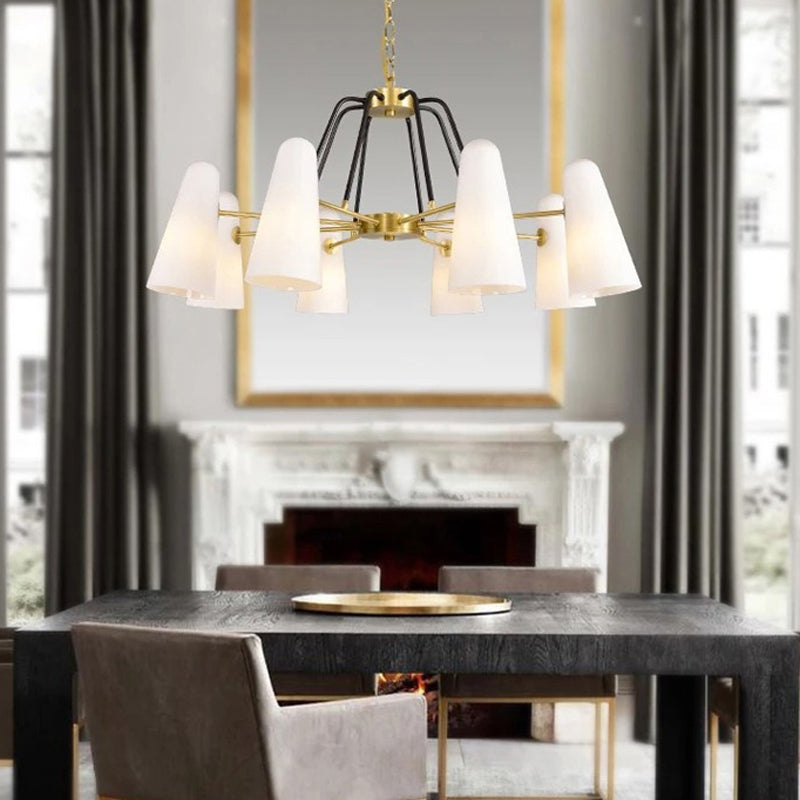 Postmodern Cone Opal Glass Hanging Lamp 6 Lights Ceiling Chandelier in Gold Clearhalo 'Ceiling Lights' 'Chandeliers' 'Glass shade' 'Glass' 'Modern Chandeliers' 'Modern' 'Pendant Lights' Lighting' 288877