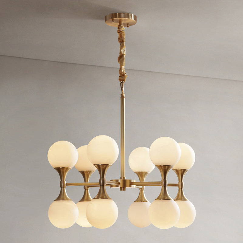 Brass Globe Hanging Ceiling Light Postmodern 12/16 Heads Opal Glass Chandelier Light 12 Brass Clearhalo 'Ceiling Lights' 'Chandeliers' 'Glass shade' 'Glass' 'Island Lights' 'Modern Chandeliers' 'Modern' Lighting' 288918