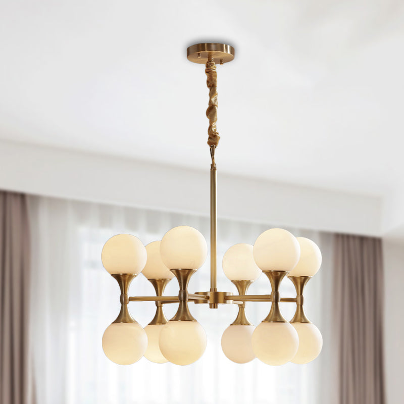 Brass Globe Hanging Ceiling Light Postmodern 12/16 Heads Opal Glass Chandelier Light Clearhalo 'Ceiling Lights' 'Chandeliers' 'Glass shade' 'Glass' 'Island Lights' 'Modern Chandeliers' 'Modern' Lighting' 288920