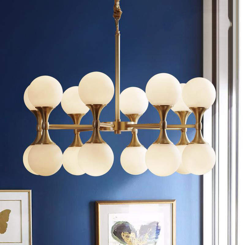 Brass Globe Hanging Ceiling Light Postmodern 12/16 Heads Opal Glass Chandelier Light 16 Brass Clearhalo 'Ceiling Lights' 'Chandeliers' 'Glass shade' 'Glass' 'Island Lights' 'Modern Chandeliers' 'Modern' Lighting' 288924