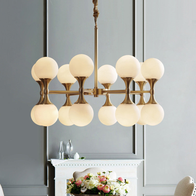 Brass Globe Hanging Ceiling Light Postmodern 12/16 Heads Opal Glass Chandelier Light Clearhalo 'Ceiling Lights' 'Chandeliers' 'Glass shade' 'Glass' 'Island Lights' 'Modern Chandeliers' 'Modern' Lighting' 288925